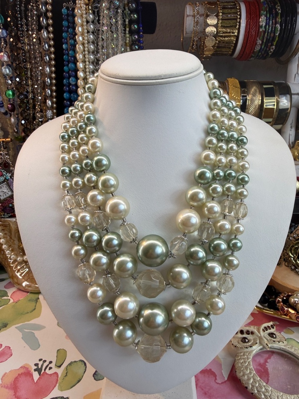 Vintage Japan Multi-Strand Pearl/Pale Green Lucite Statement Necklace